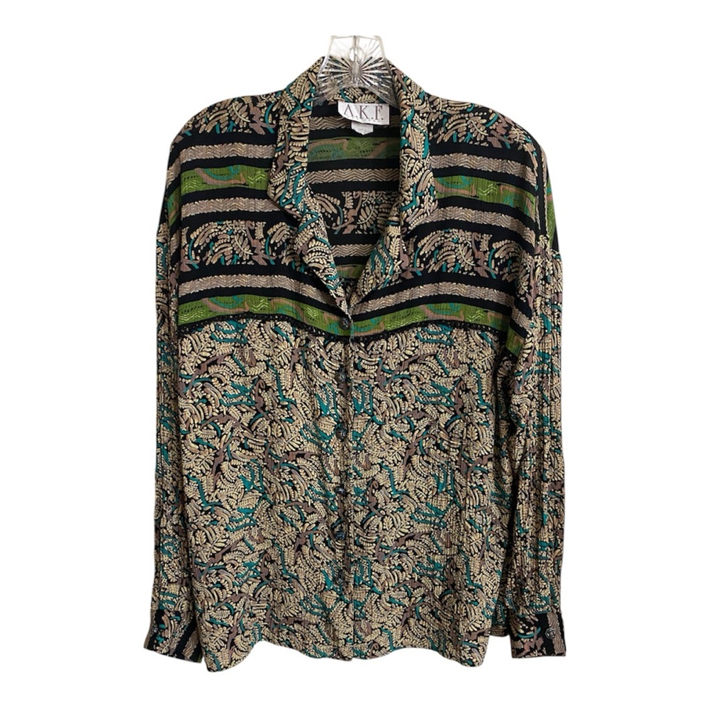 VTG AKF New York Womens Sz 16 Green & Brown Button Up Shirt Top Fall Colors